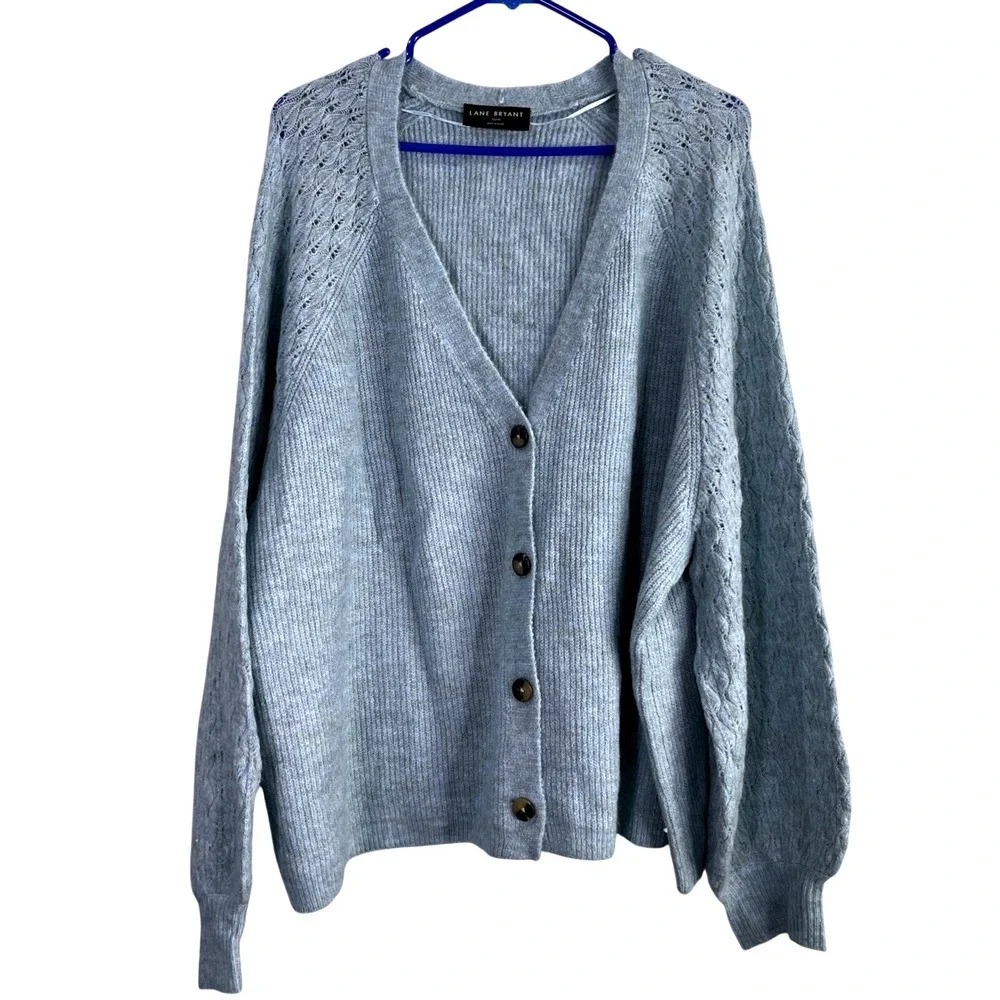 Lane Bryant Cardigan Womens‎ 3X Blue Pointelle Lace Shoulder Ribbed Knit V-Neck